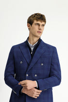 Orta Lacivert 7 Drop Slim Fit Dar Kesim Yünlü Kruvaze Ceket-Abdullah Ki??l?