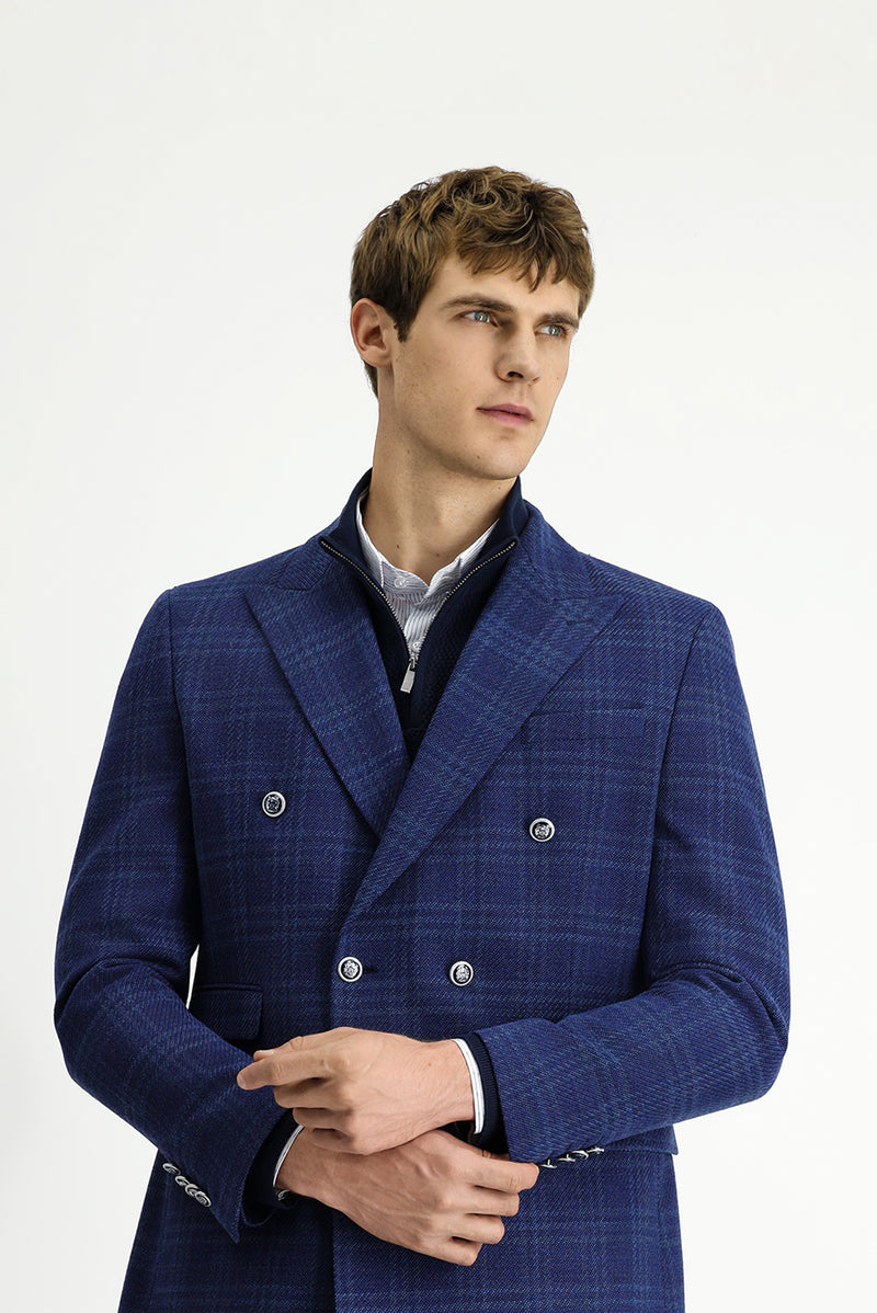 Orta Lacivert 7 Drop Slim Fit Dar Kesim Yünlü Kruvaze Ceket-Abdullah Ki??l?