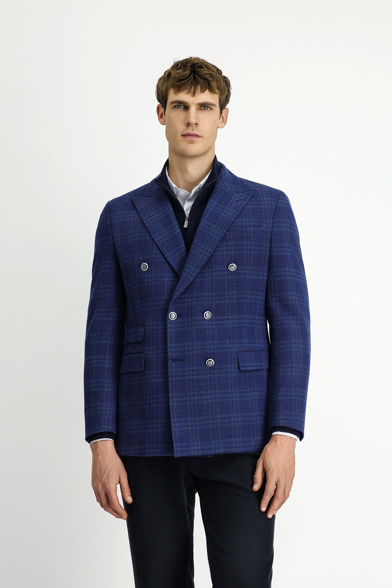 Orta Lacivert 7 Drop Slim Fit Dar Kesim Yünlü Kruvaze Ceket-Abdullah Ki??l?