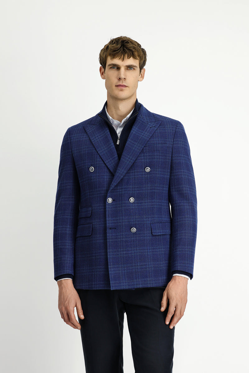Orta Lacivert 7 Drop Slim Fit Dar Kesim Yünlü Kruvaze Ceket-Abdullah Ki??l?