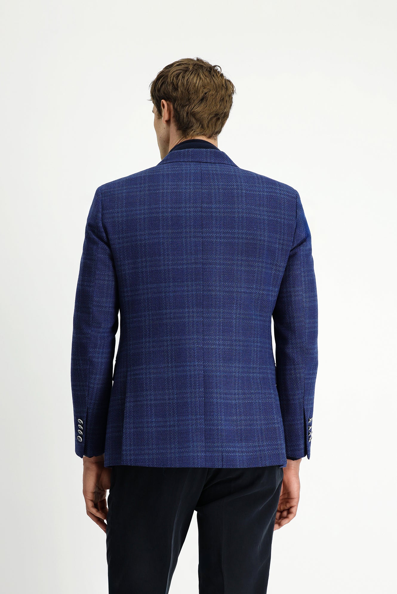 Orta Lacivert 7 Drop Slim Fit Dar Kesim Yünlü Kruvaze Ceket-Abdullah Ki??l?