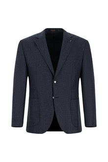 Koyu Lacivert Slim Fit Dar Kesim Desenli Yünlü Ceket