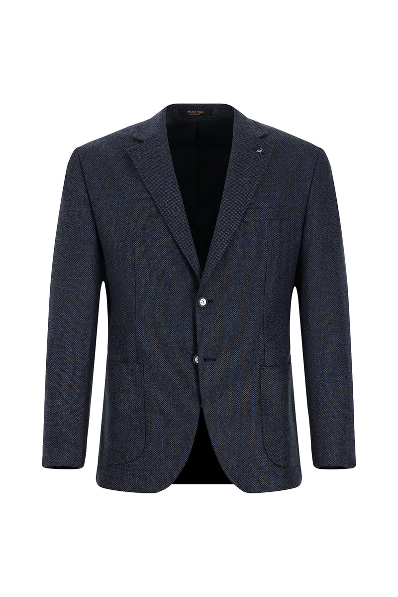 Koyu Lacivert 8 Drop Muscle Fit Uzun Atletik Kesim Desenli Yünlü Ceket