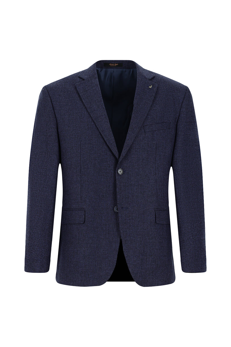 Orta Lacivert Slim Fit Dar Kesim Yünlü Klasik Desenli Ceket