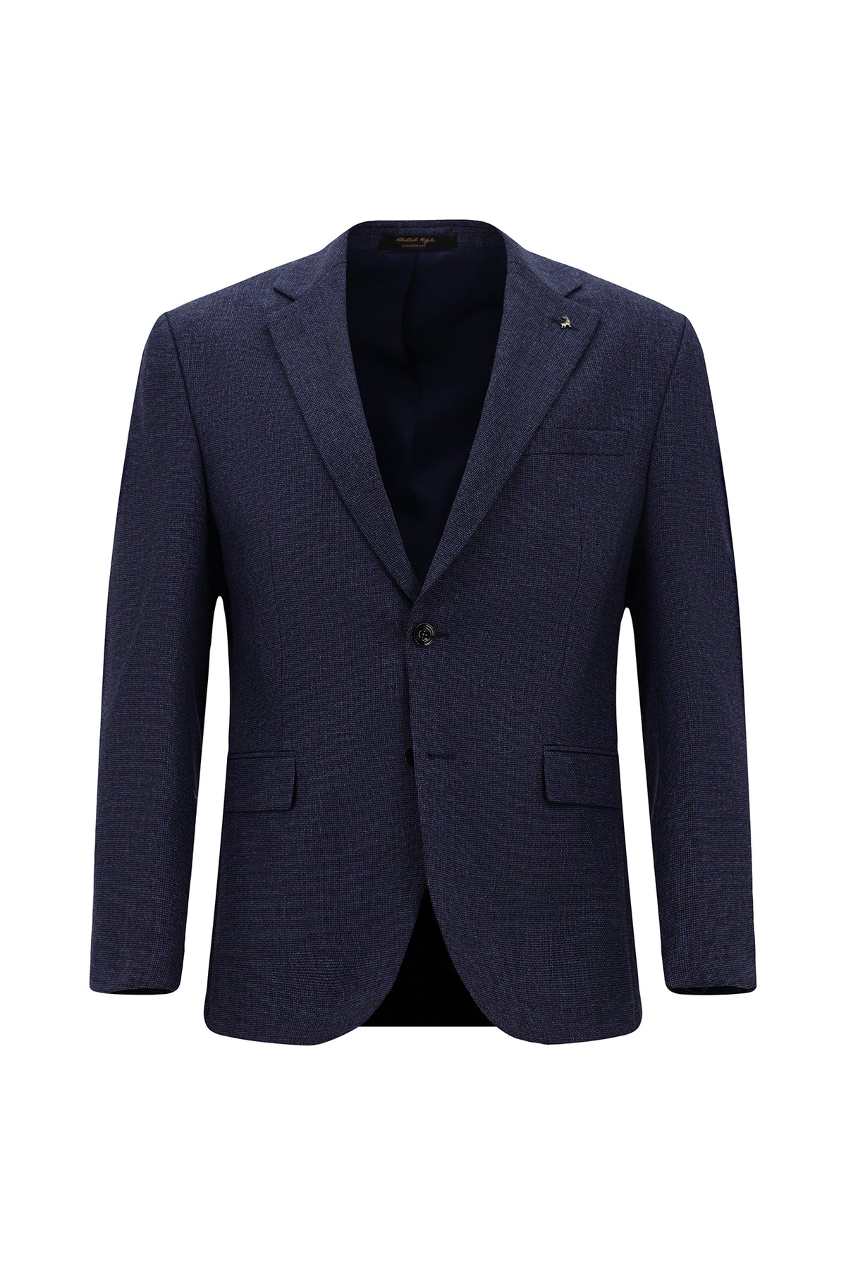 Orta Lacivert 7 Drop Slim Fit Dar Kesim Desenli Yünlü Klasik Ceket