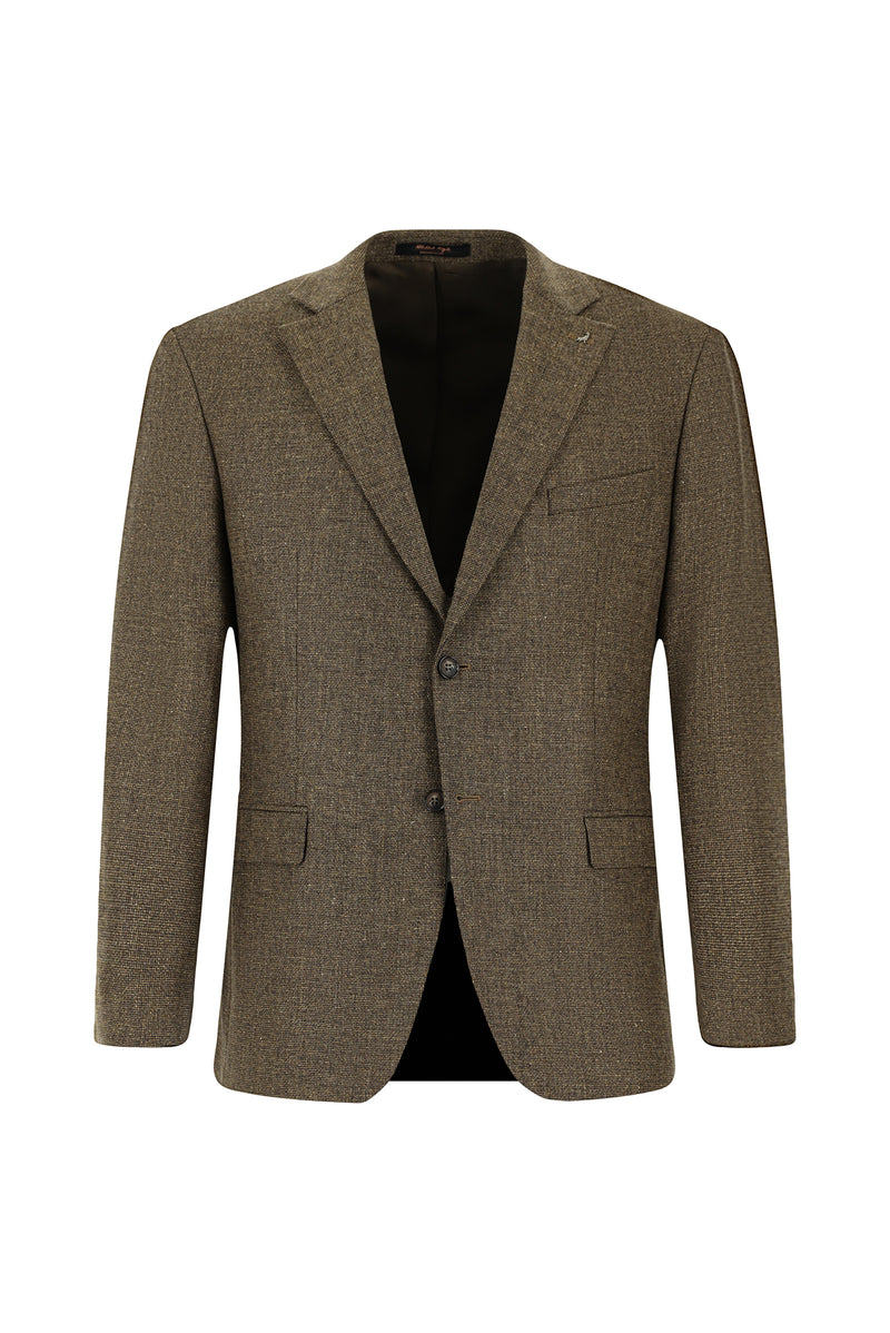 Orta Kahve Slim Fit Dar Kesim Yünlü Klasik Desenli Ceket