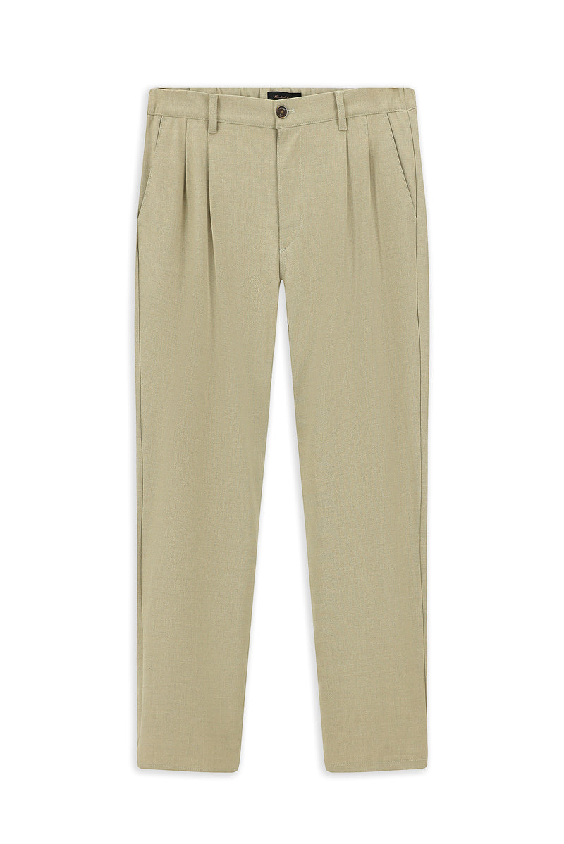 Orta Bej Regular Fit Likralı Pileli Pantolon