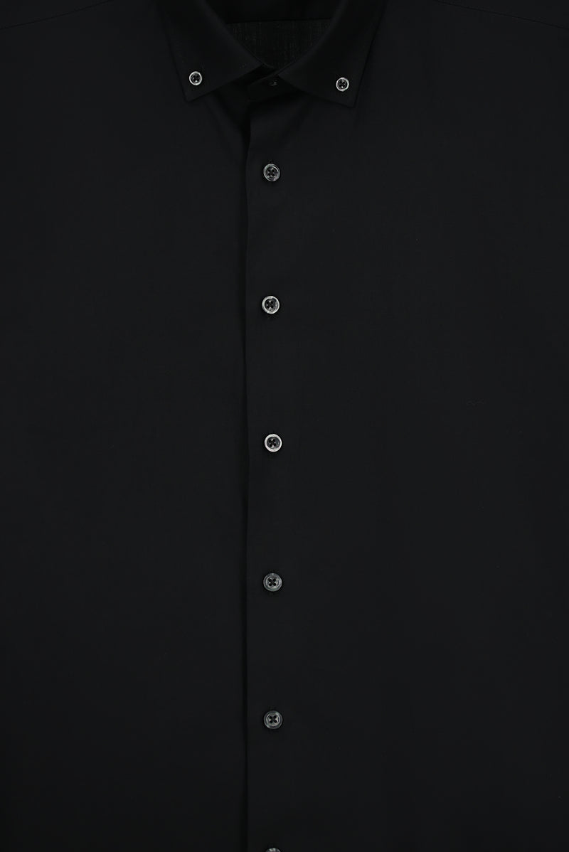 Siyah Uzun Kol Regular Fit Düğmeli Yaka Desenli Pamuk Gömlek