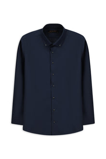 Koyu Lacivert Uzun Kol Regular Fit Düğmeli Yaka Desenli Pamuk Gömlek