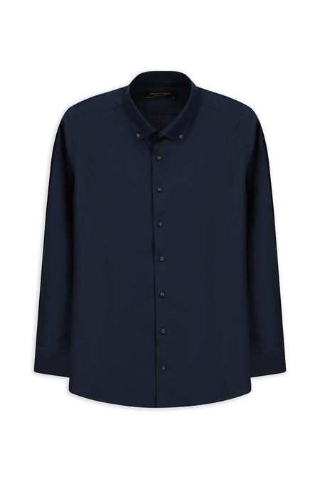 Koyu Lacivert Uzun Kol Regular Fit Düğmeli Yaka Desenli Pamuk Gömlek