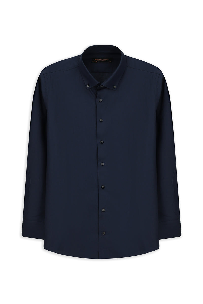 Koyu Lacivert Uzun Kol Regular Fit Düğmeli Yaka Desenli Pamuk Gömlek