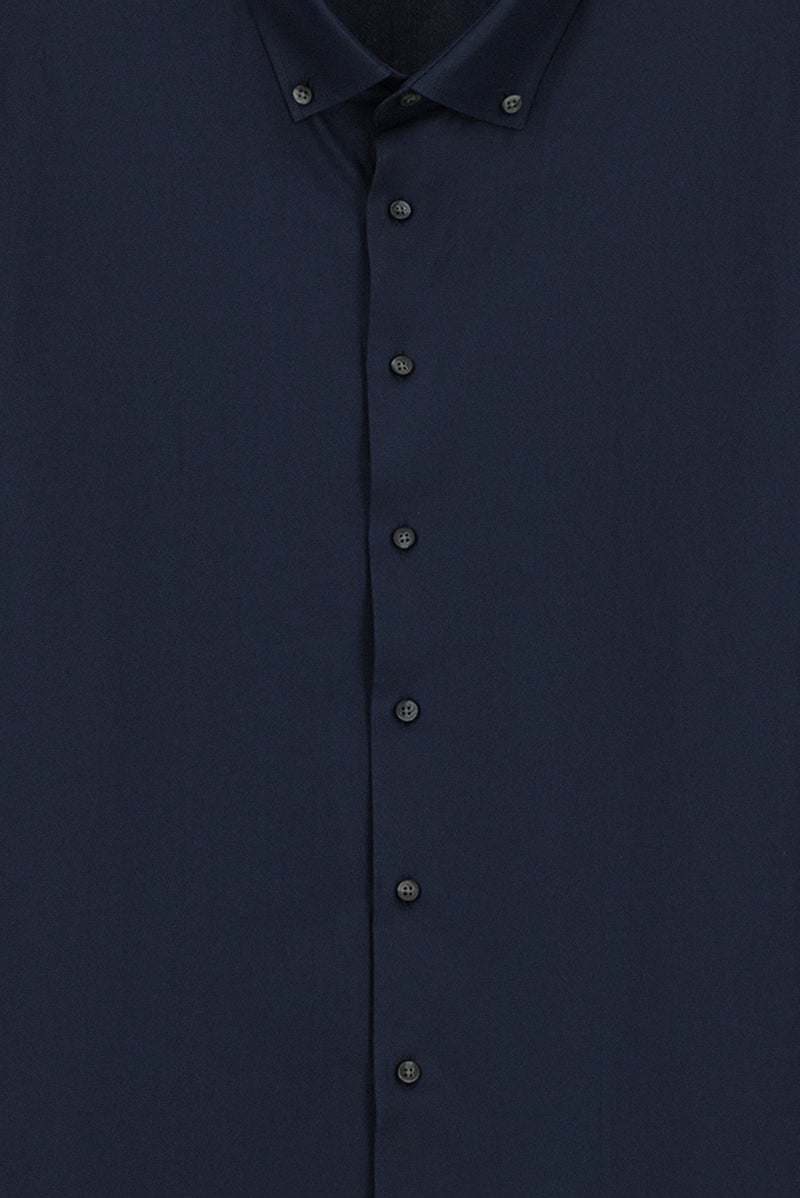 Koyu Lacivert Uzun Kol Regular Fit Düğmeli Yaka Desenli Pamuk Gömlek