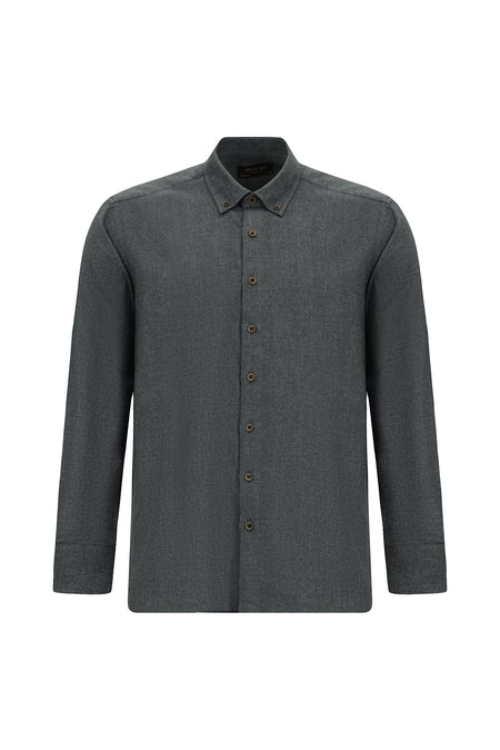 Koyu Füme Uzun Kol Regular Fit Düğmeli Yaka Pamuklu Lyocell İtalyan Gömlek