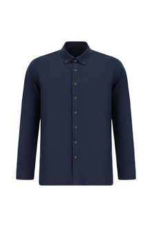 Koyu Lacivert Uzun Kol Regular Fit Düğmeli Yaka Pamuklu Lyocell İtalyan Gömlek