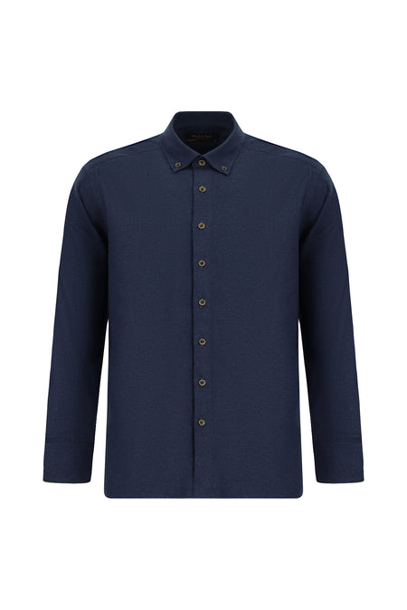 Koyu Lacivert Uzun Kol Regular Fit Düğmeli Yaka Pamuklu Lyocell İtalyan Gömlek
