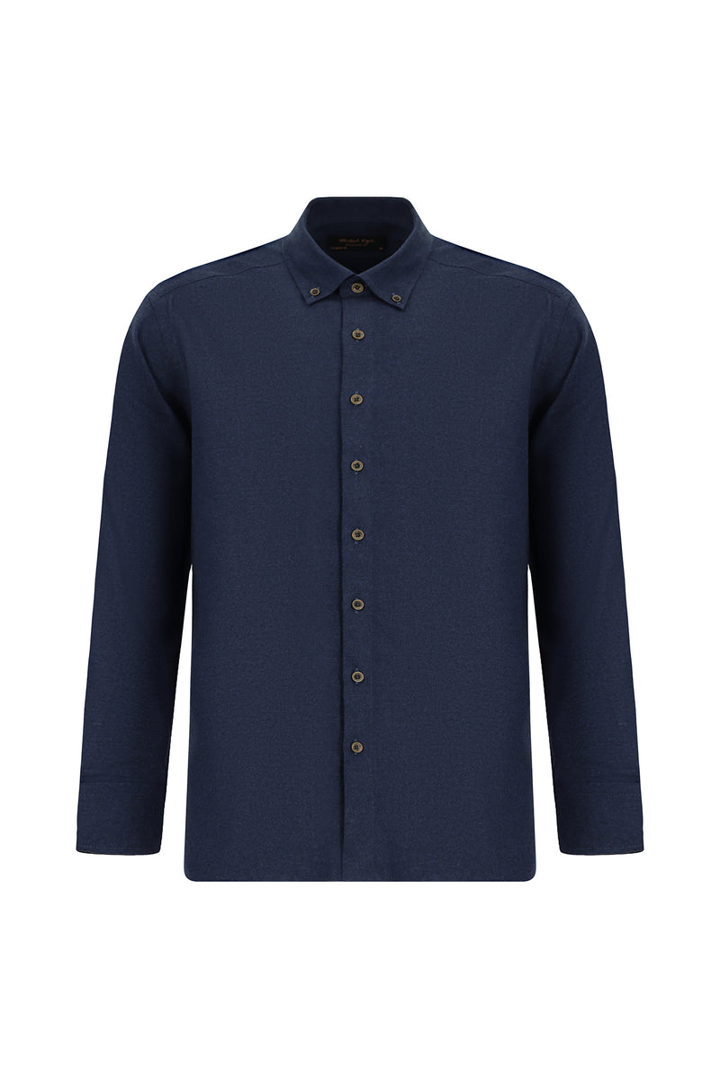 Koyu Lacivert Uzun Kol Regular Fit Düğmeli Yaka Pamuklu Lyocell İtalyan Gömlek