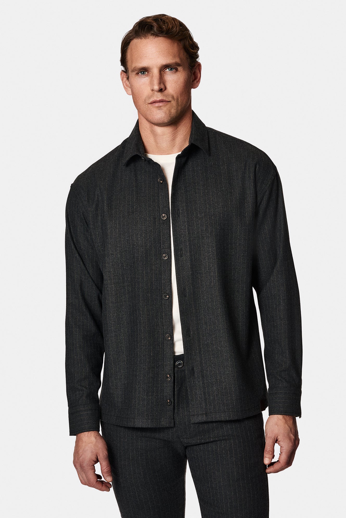 Orta Antrasit Uzun Kol Oversize Ekstra Rahat Kesim Çizgili Oduncu Gömlek