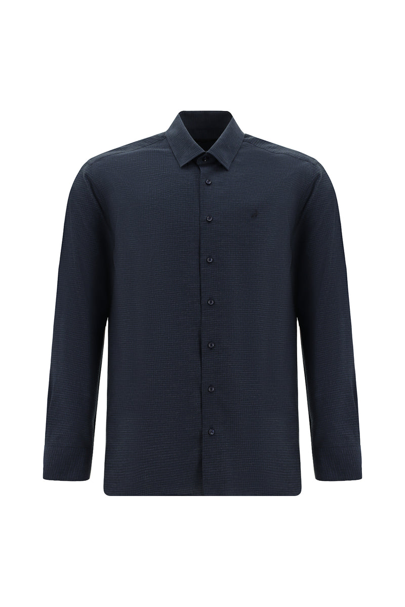 Koyu Lacivert Uzun Kol Slim Fit Dar Kesim Pamuklu Desenli Gömlek