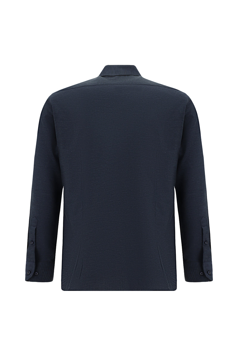 Koyu Lacivert Uzun Kol Slim Fit Dar Kesim Pamuklu Desenli Gömlek