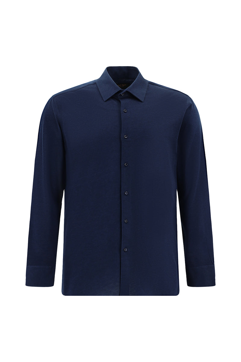 Açık Lacivert Uzun Kol Slim Fit Dar Kesim Pamuklu Desenli Örme Gömlek
