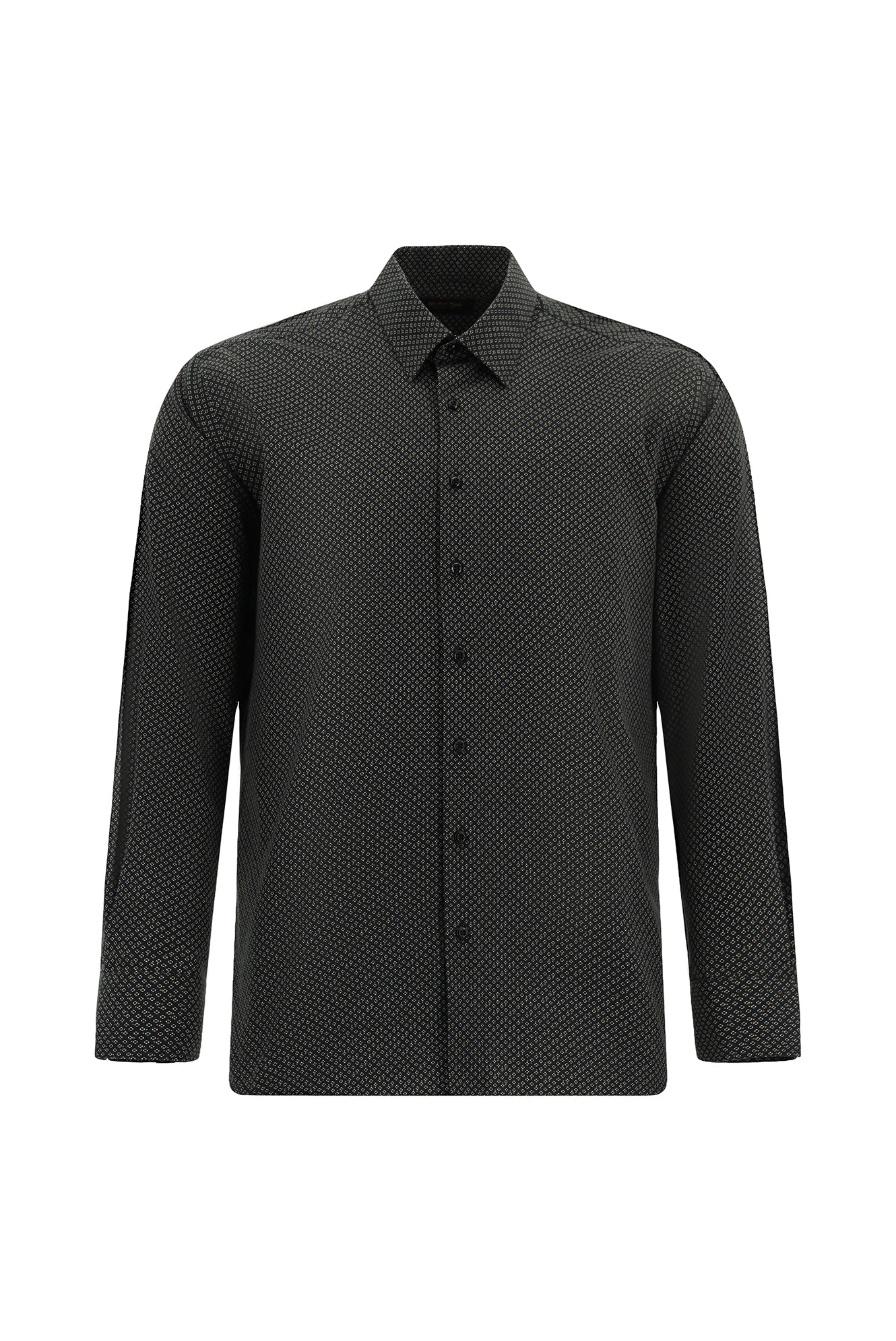 Siyah Uzun Kol Slim Fit Dar Kesim Baskılı Pamuk Gömlek