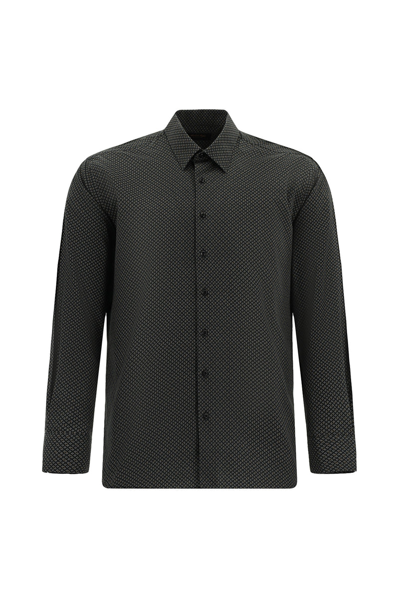 Siyah Uzun Kol Slim Fit Dar Kesim Baskılı Pamuk Gömlek