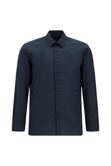 Koyu Lacivert Uzun Kol Slim Fit Dar Kesim Baskılı Pamuk Gömlek