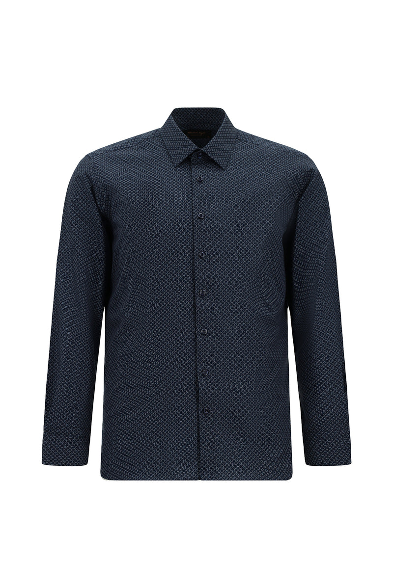 Koyu Lacivert Uzun Kol Slim Fit Dar Kesim Baskılı Pamuk Gömlek