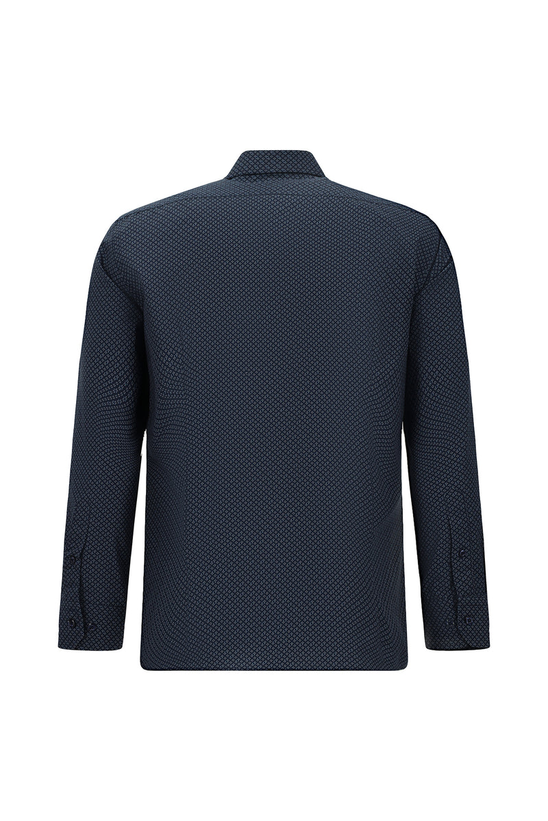 Koyu Lacivert Uzun Kol Slim Fit Dar Kesim Baskılı Pamuk Gömlek