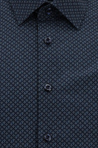 Koyu Lacivert Uzun Kol Slim Fit Dar Kesim Baskılı Pamuk Gömlek