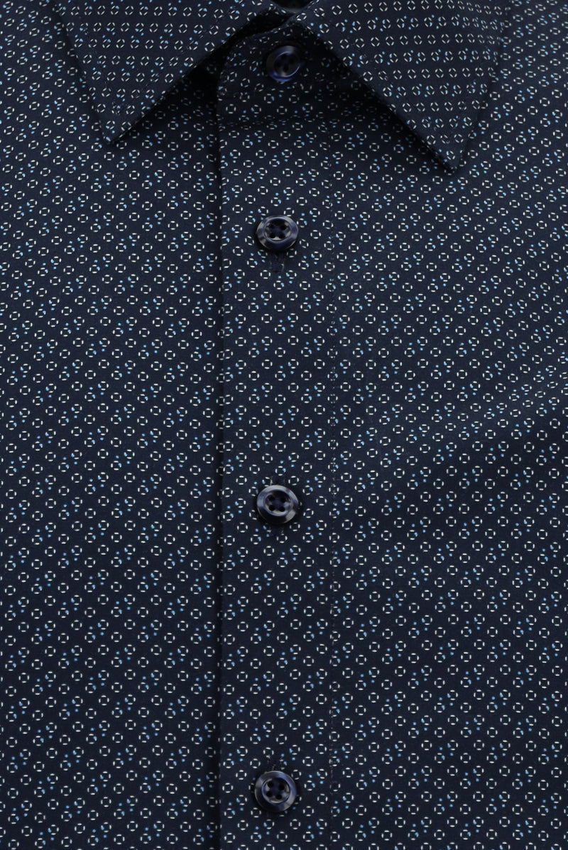 Koyu Lacivert Uzun Kol Slim Fit Dar Kesim Baskılı Pamuk Gömlek