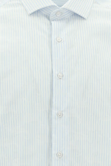 Açık Mavi Uzun Kol Slim Fit Dar Kesim Pamuk Klasik Çizgili Gömlek