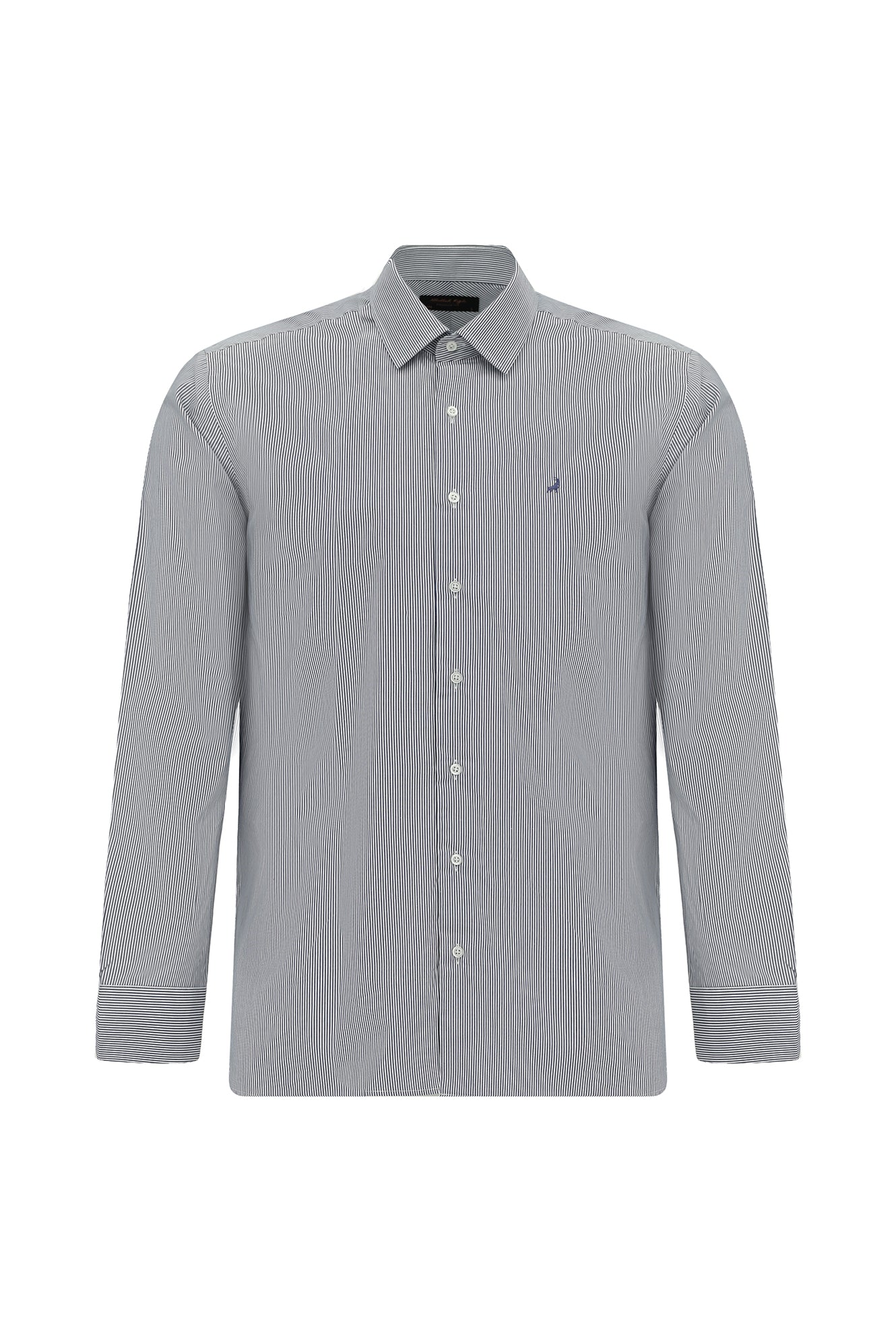 Koyu Lacivert Uzun Kol Slim Fit Dar Kesim Pamuk Klasik Çizgili Gömlek