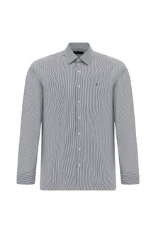 Koyu Lacivert Uzun Kol Slim Fit Dar Kesim Pamuk Klasik Çizgili Gömlek