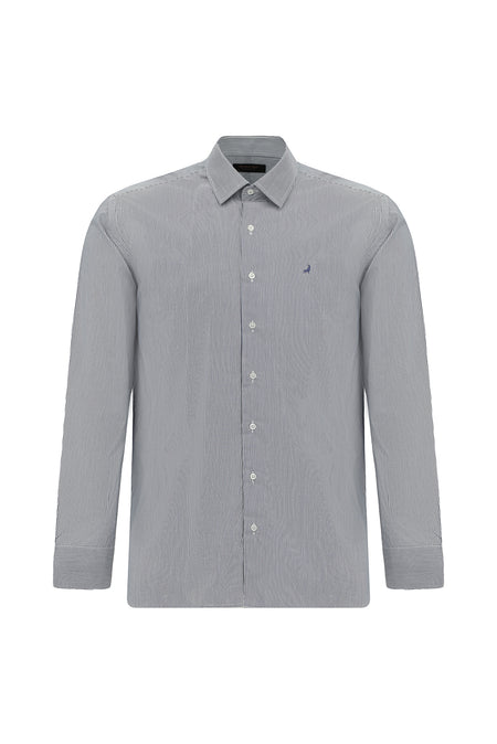 Koyu Lacivert Uzun Kol Slim Fit Dar Kesim Pamuk Klasik Çizgili Gömlek