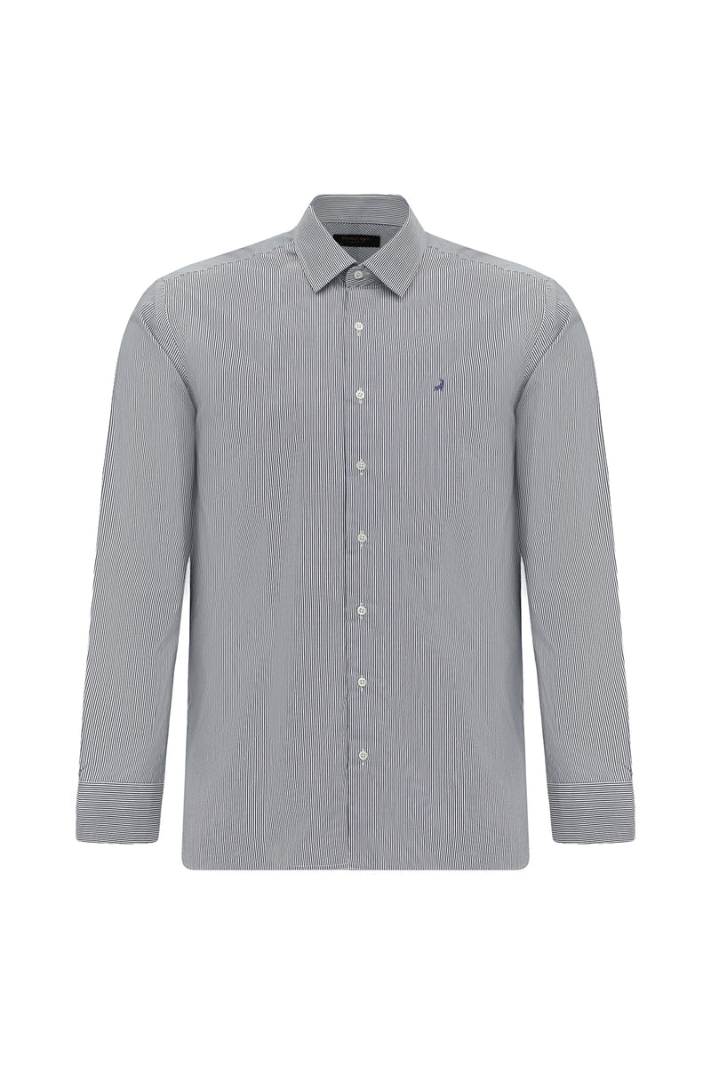 Koyu Lacivert Uzun Kol Slim Fit Dar Kesim Pamuk Klasik Çizgili Gömlek