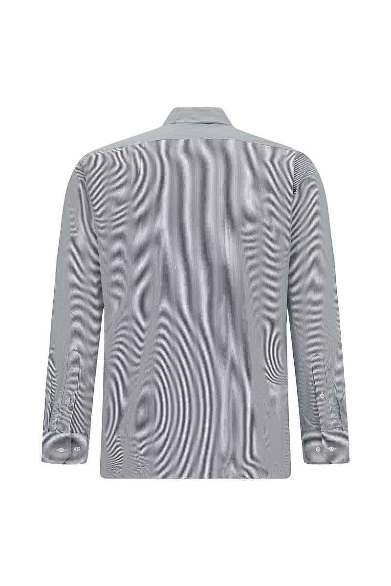 Koyu Lacivert Uzun Kol Slim Fit Dar Kesim Pamuk Klasik Çizgili Gömlek