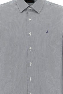 Koyu Lacivert Uzun Kol Slim Fit Dar Kesim Pamuk Klasik Çizgili Gömlek