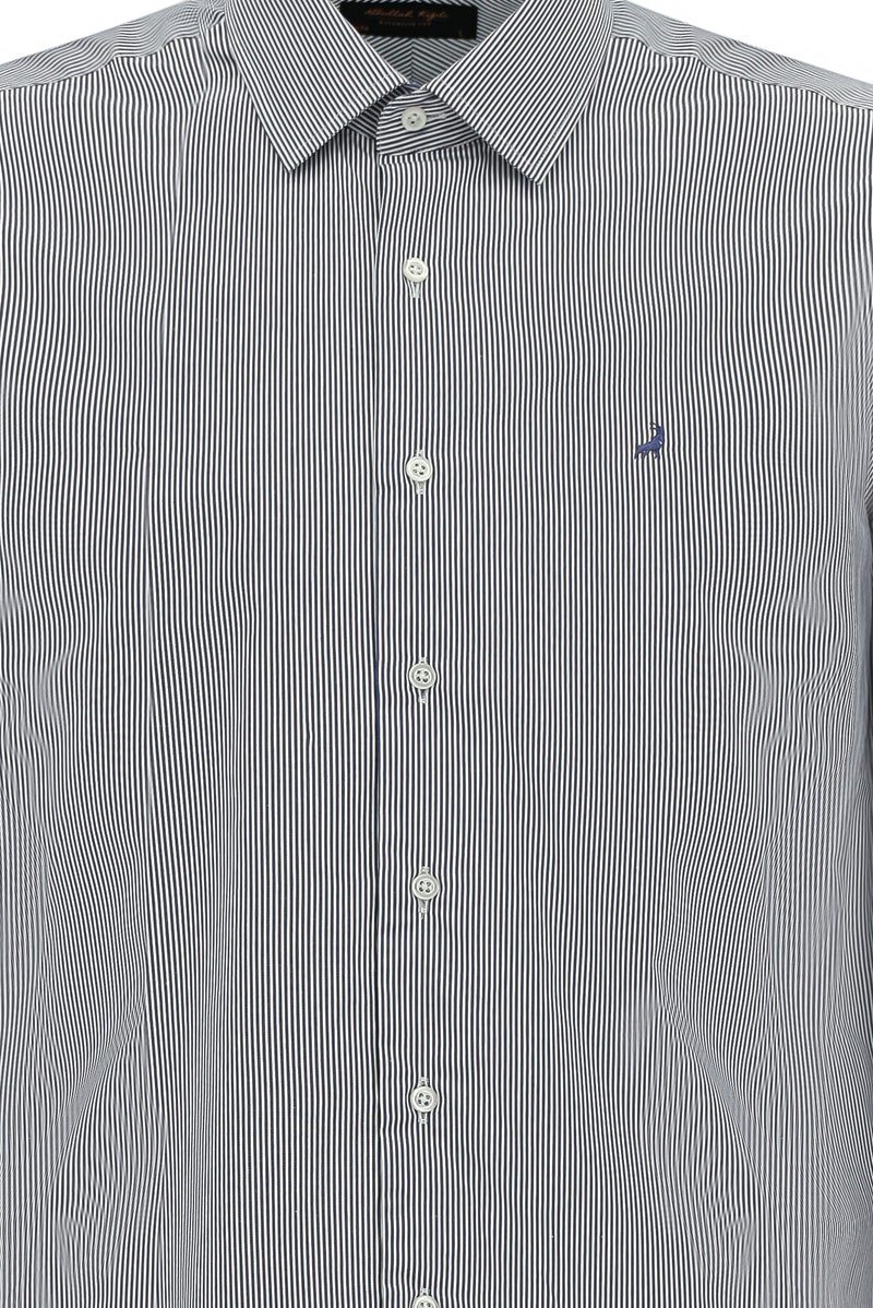 Koyu Lacivert Uzun Kol Slim Fit Dar Kesim Pamuk Klasik Çizgili Gömlek