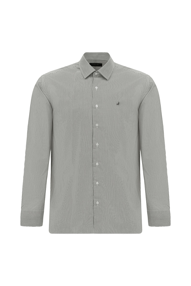 Koyu Kahve Uzun Kol Slim Fit Dar Kesim Pamuk Klasik Çizgili Gömlek