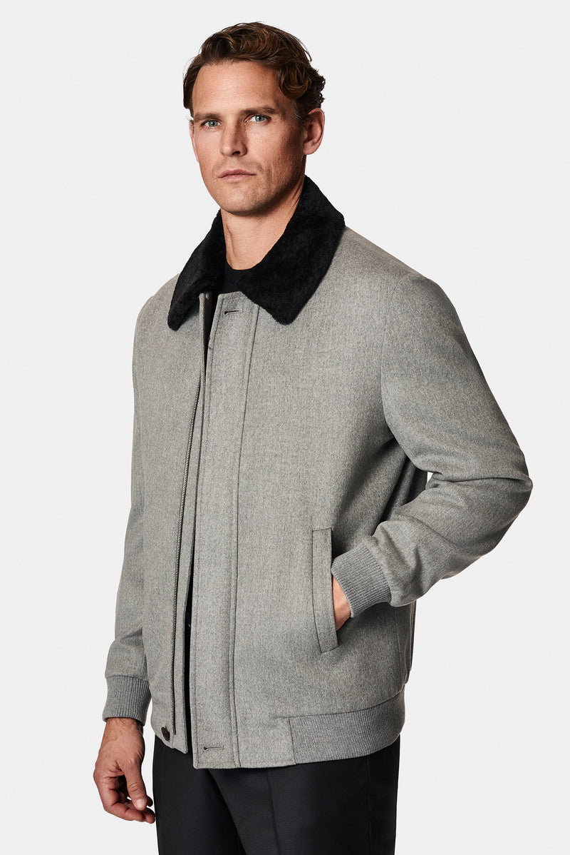 Açık Gri Kürklü Yaka Yün Bomber Mont / Ceket