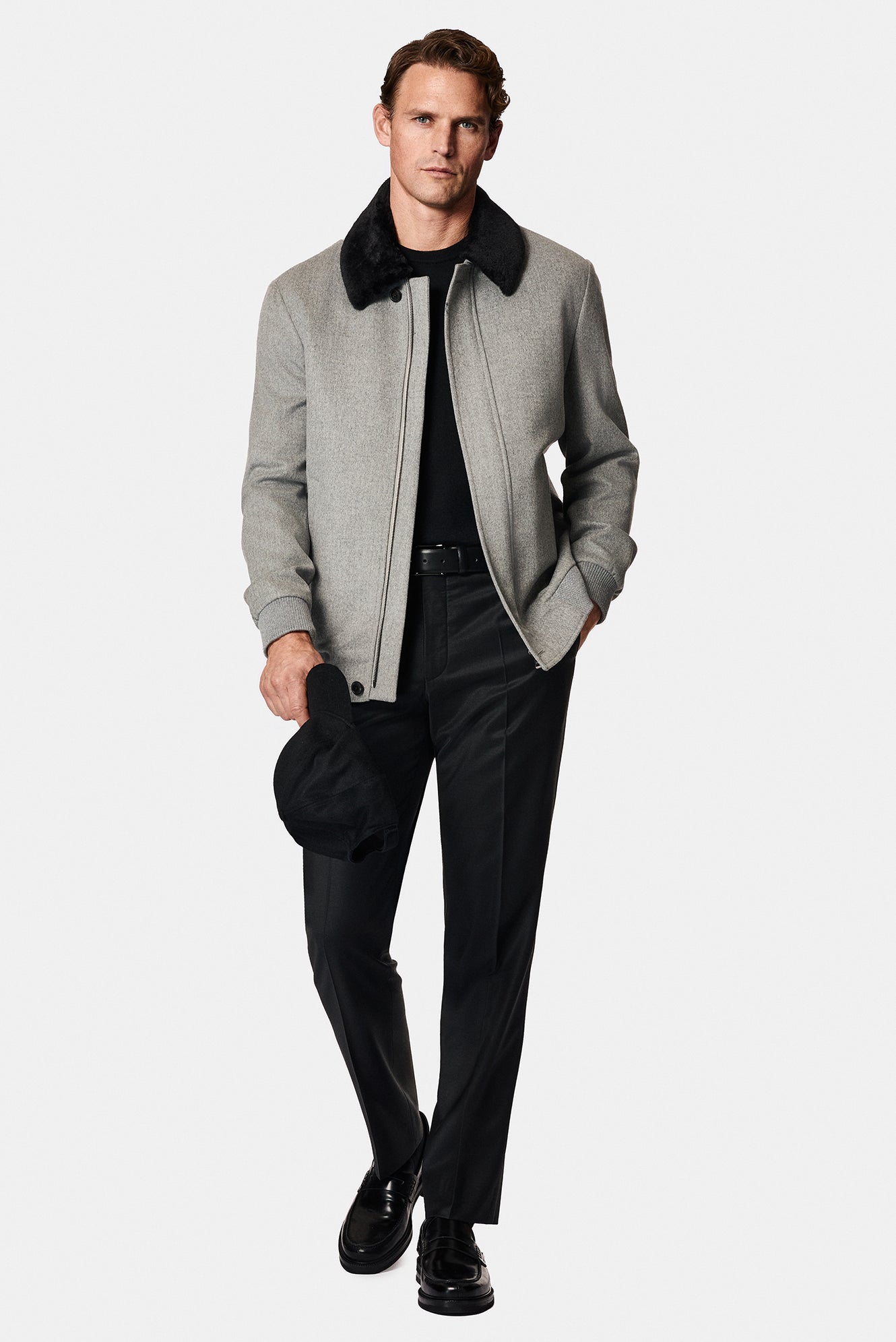 Aç?k Gri Kürklü Yaka Yün Bomber Mont / Ceket-Abdullah Ki??l?