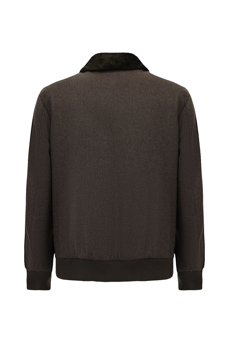 Koyu Vizon Kürklü Yaka Yün Bomber Mont / Ceket