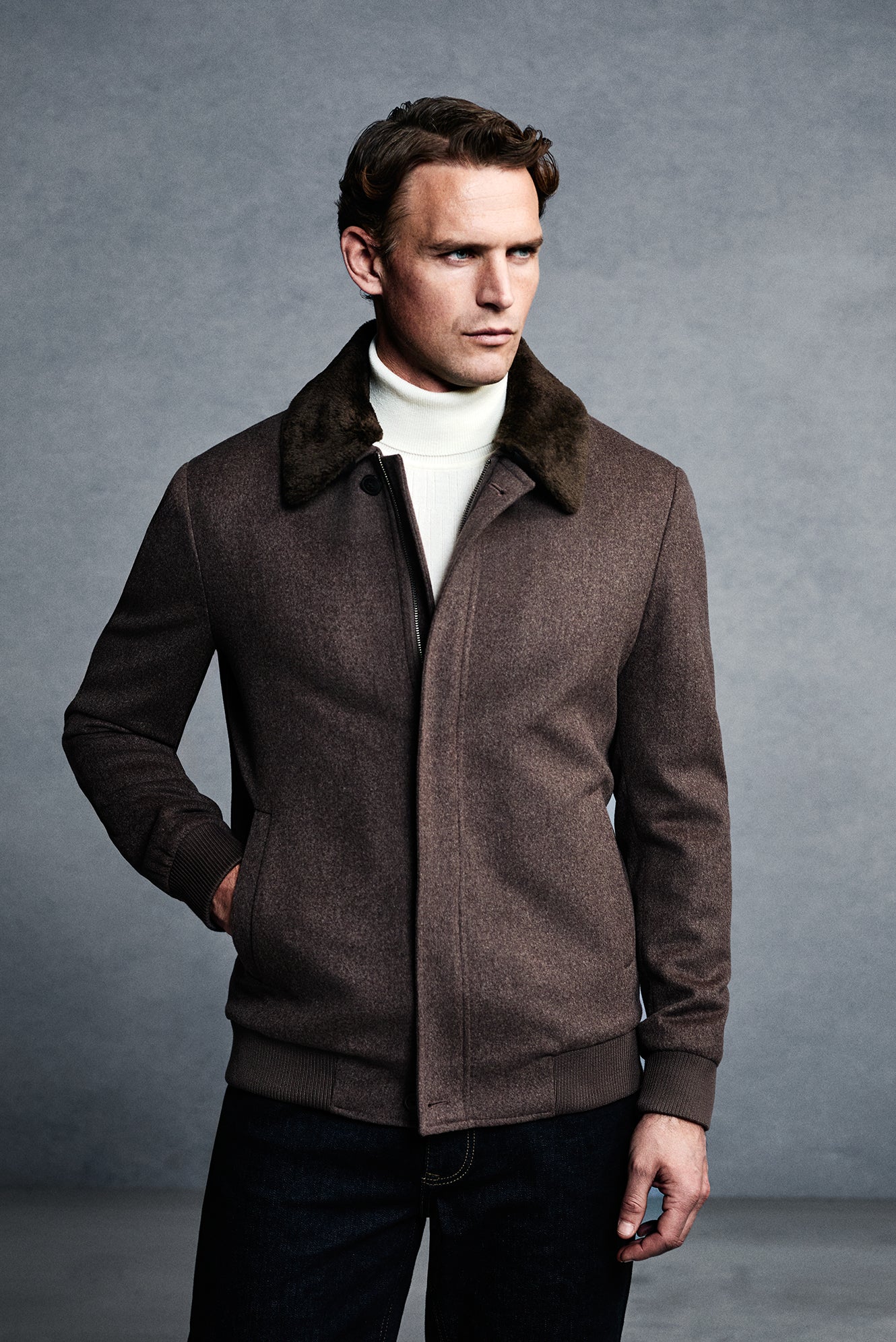 Koyu Vizon Kürklü Yaka Yün Bomber Mont / Ceket-Abdullah Ki??l?