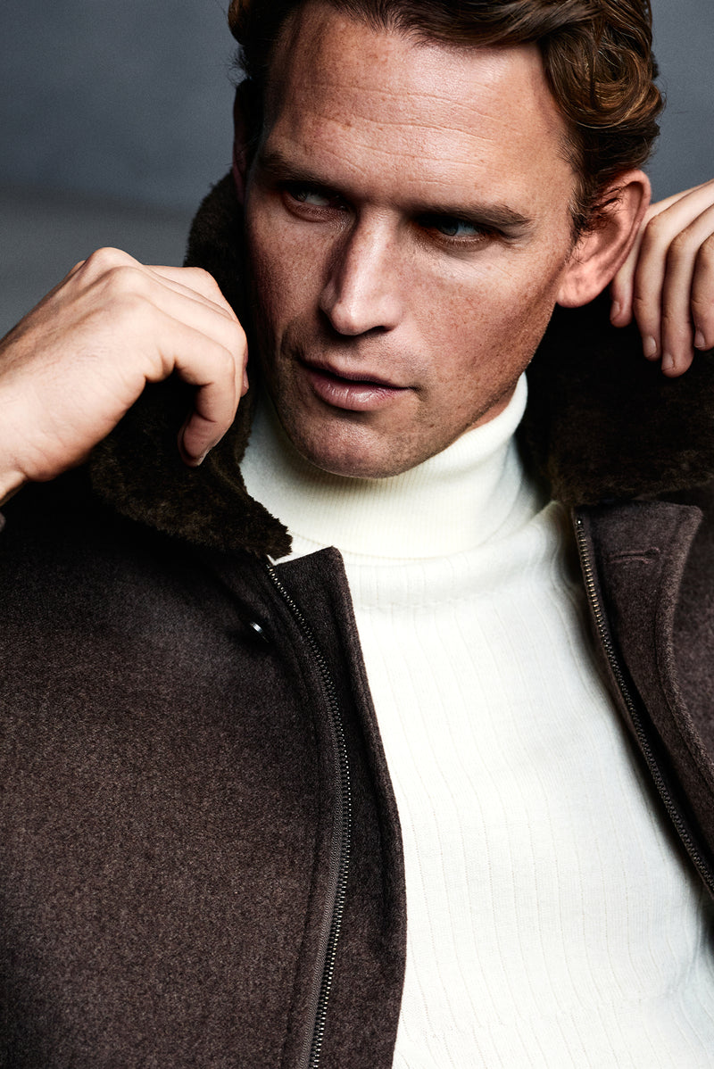 Koyu Vizon Kürklü Yaka Yün Bomber Mont / Ceket