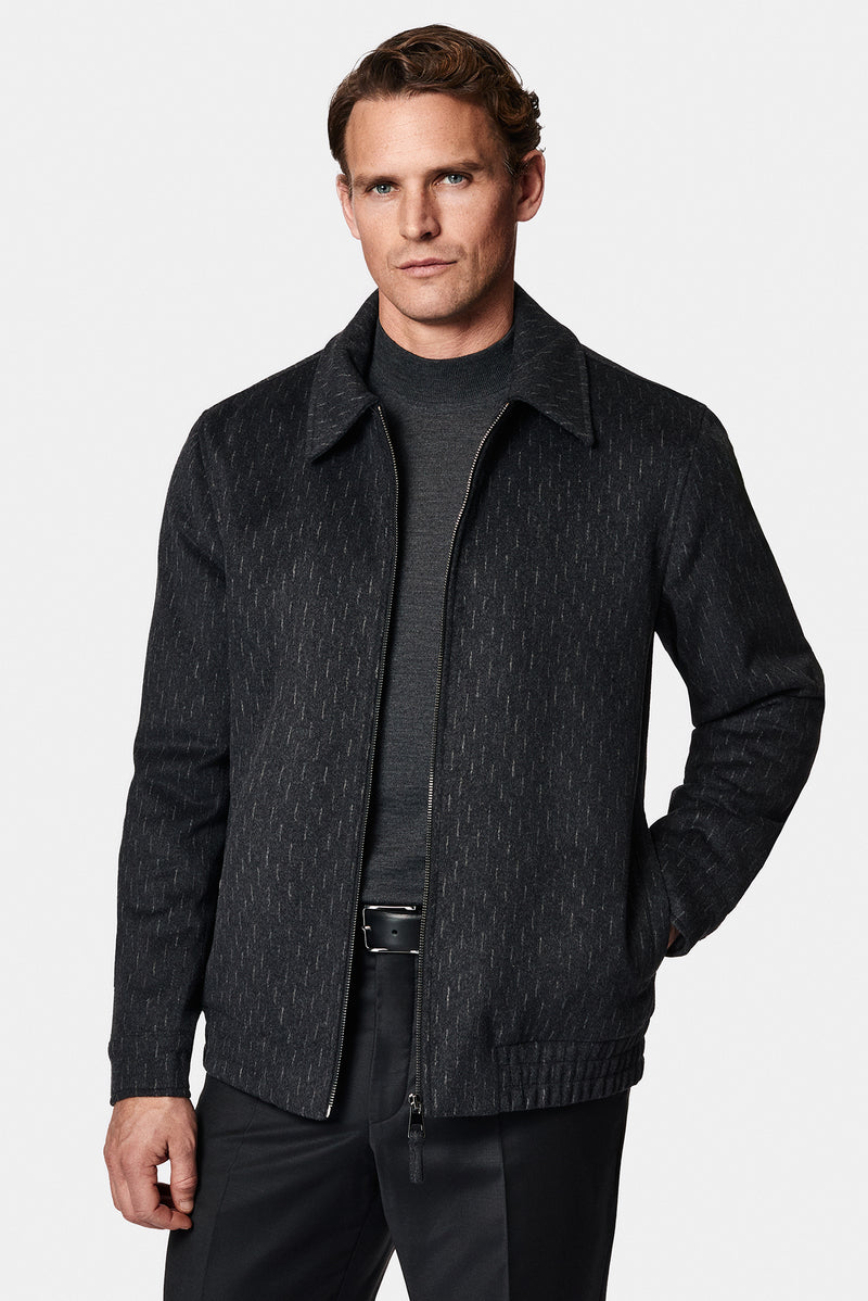 Siyah Çizgili Yünlü Bomber Ceket / Mont