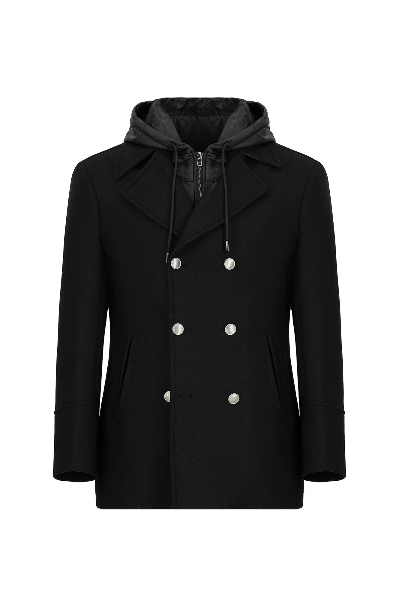 Siyah Yünlü Cepli Çıkarılabilir Kapüşonlu Yünlü Kruvaze Mont