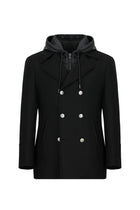 Siyah Yünlü Cepli Çıkarılabilir Kapüşonlu Yünlü Kruvaze Mont