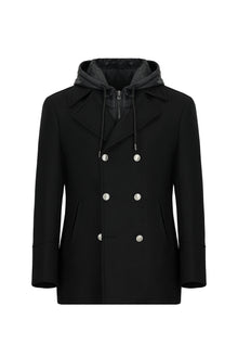 Siyah Yünlü Cepli Çıkarılabilir Kapüşonlu Yünlü Kruvaze Mont