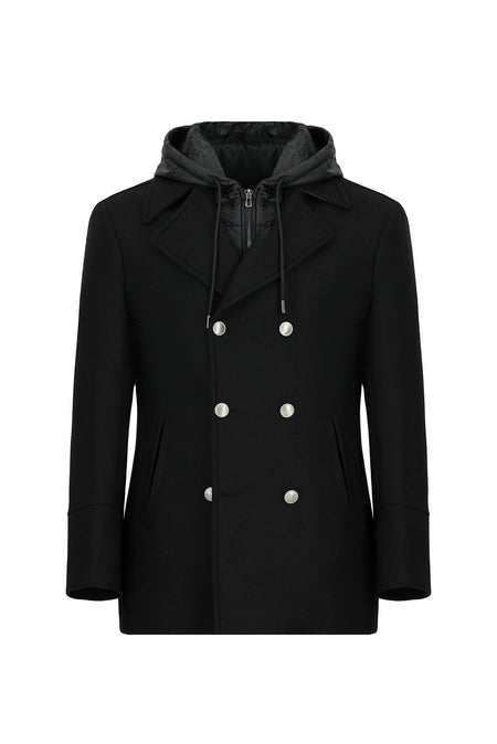 Siyah Yünlü Cepli Çıkarılabilir Kapüşonlu Yünlü Kruvaze Mont